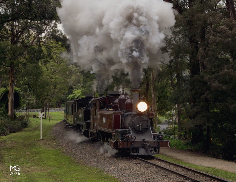 Edge of darkness Running 40 minutes late and with sunlight fading fast behind the evening stormclouds, 12A and 8A start the climb uphill from Clematis to Emerald on their way through to Gembrook. The two NAs were transferring carriages to Gembrook ahead of the following day's Kids Fun Run event.