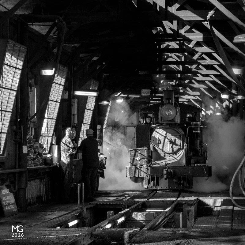 Distraction With early morning light pouring in through the windows, the crew of 8A propel it forward with a burst of steam towards the doors at the front of the running shed on the day of the railway's 119th birthday.