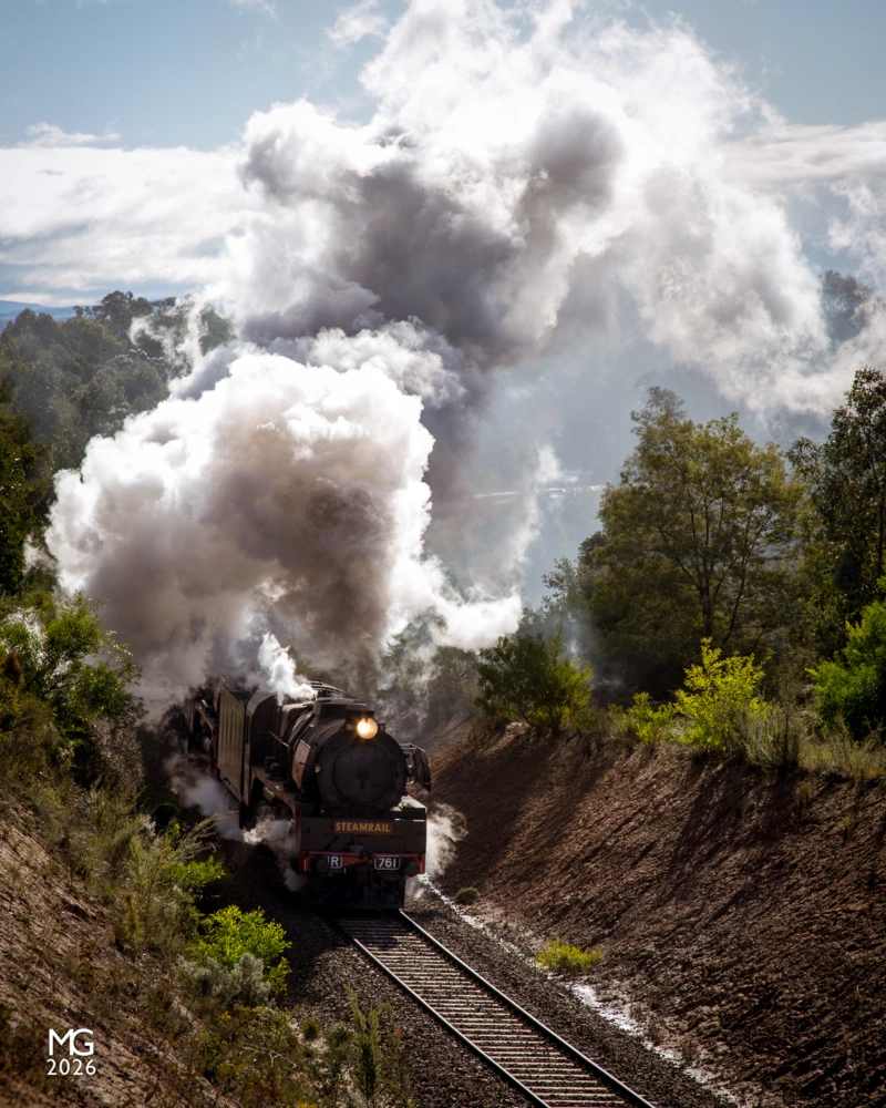 Fury Roaring uphill through the Haunted Hills, veteran Hudson locomotives R761 and R707 make a tremendous spectacle as they close in on their destination of Traralgon.