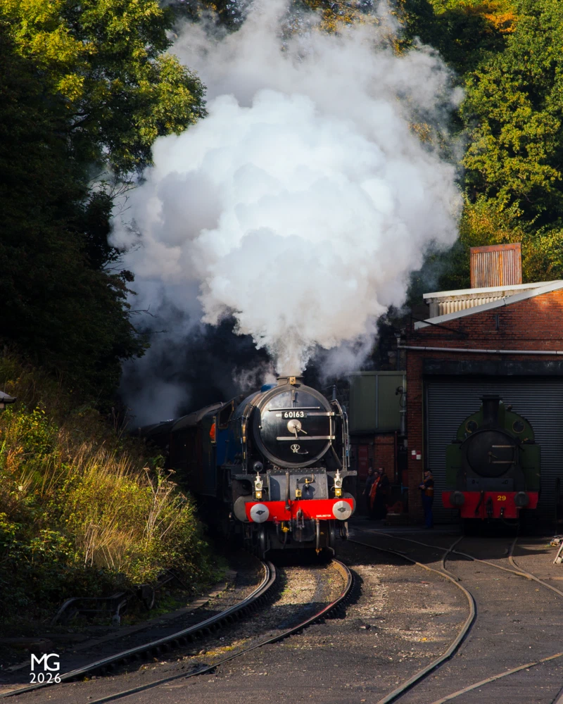 Peppercorn 60163 exits the tunnel at Grosmont into spring sunshine on its way to Pickering. Built by the A1 Steam Locomotive Trust, 60163 "Tornado" is the first main line steam locomotive built in the UK since 1960 and the only UK steam engine to have reached 100mph/160kmh since the end of steam in the 1960s. Designed as an evolved member of its class - incorporating various improvements that would have occurred had steam continued in Britain - Tornado was built as the next Peppercorn A1 and not a restoration nor replica, and was assigned the next available number in the class after No. 60162. Construction took place over 18 years from 1990.